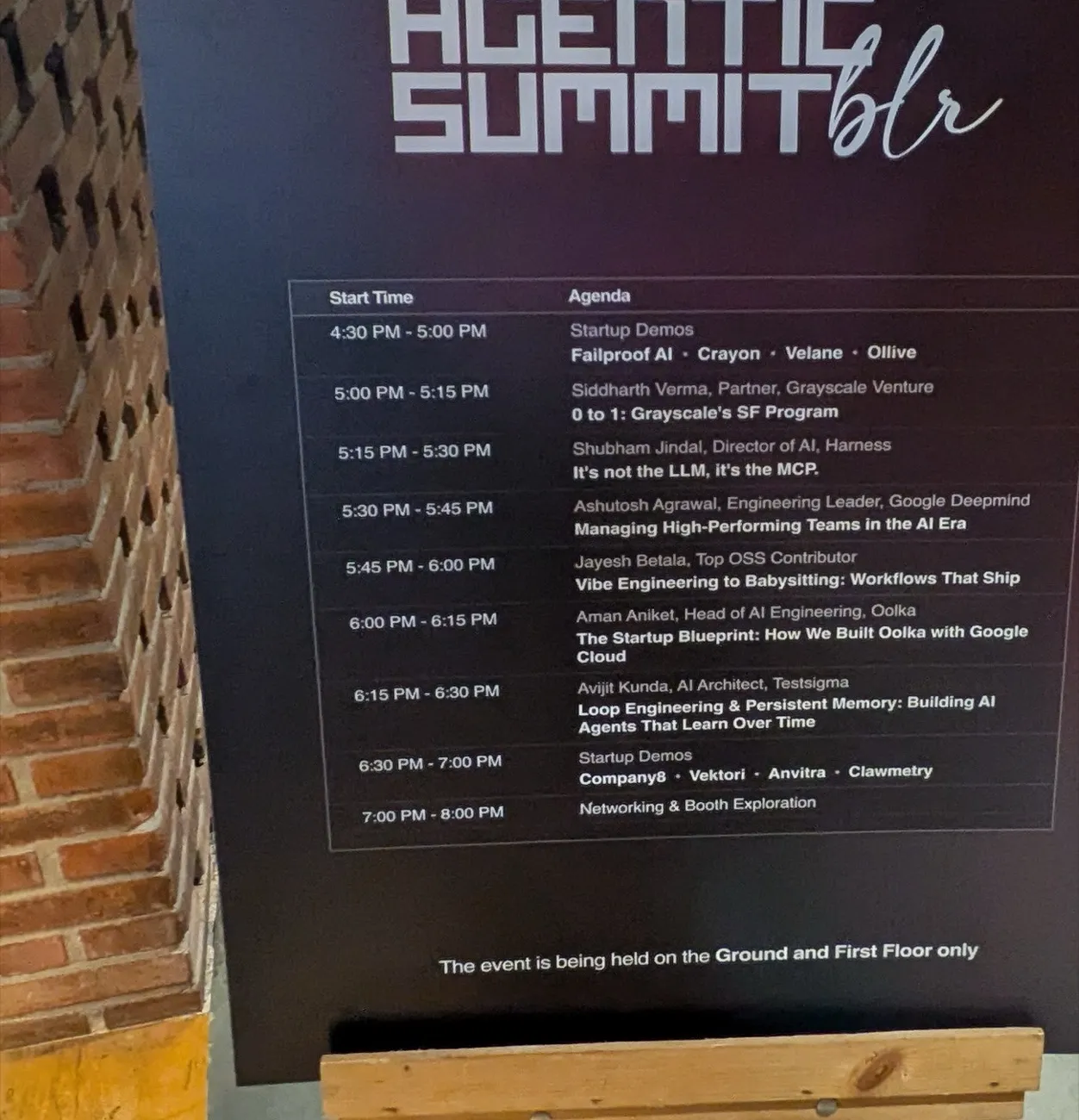 The Agentic Summit BLR agenda board, listing eight talks and two startup demo blocks