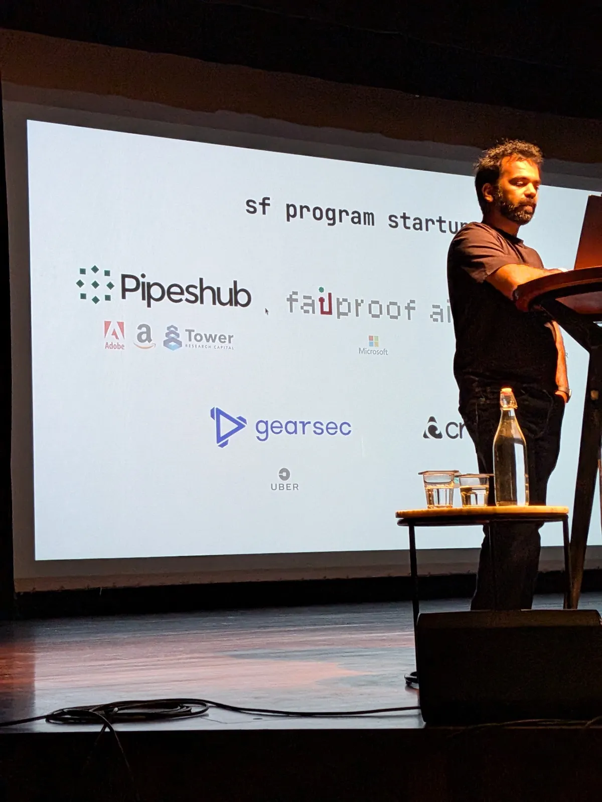 Grayscale’s SF Program slide showing portfolio startups Pipeshub, Failproof AI, gearsec and Crayon, alongside Adobe, Amazon, Tower Research Capital, Microsoft and Uber logos
